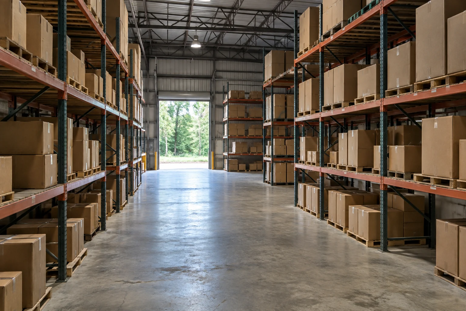 Warehouse racks with plain cartons and a clear central aisle